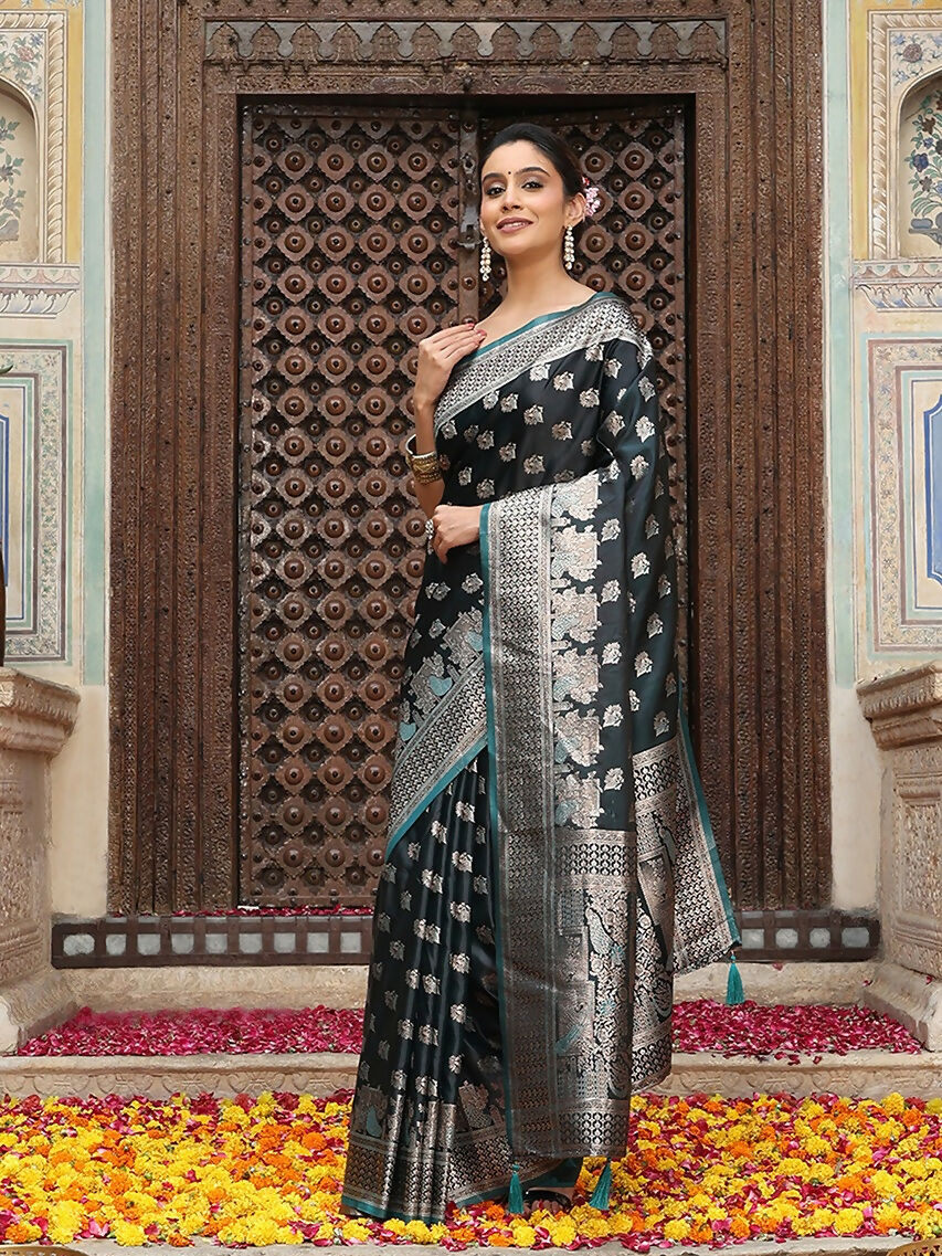 Teal Silk Saree with Matching Blouse Piece