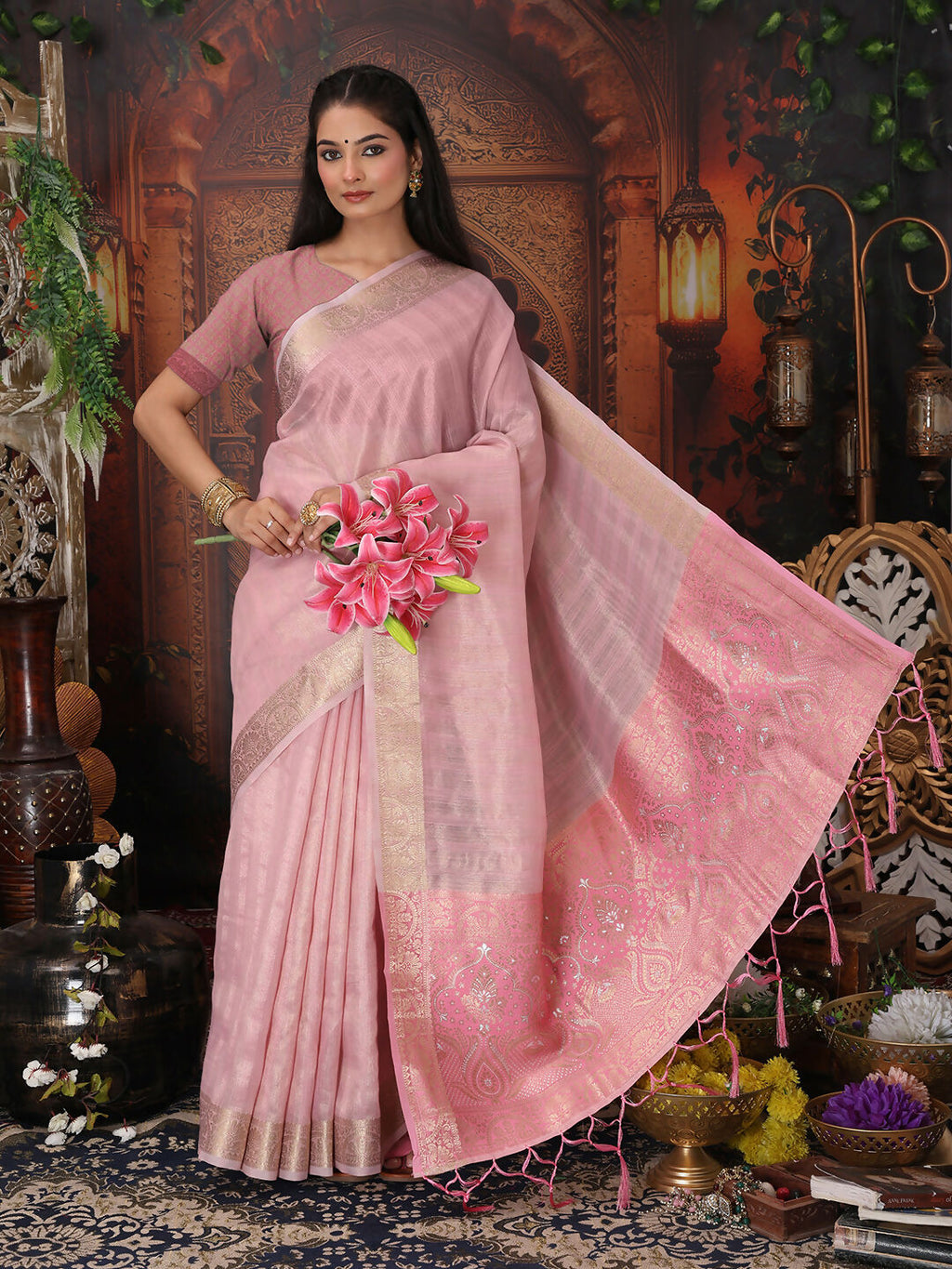 Light Pink Organza Saree with Matching Blouse