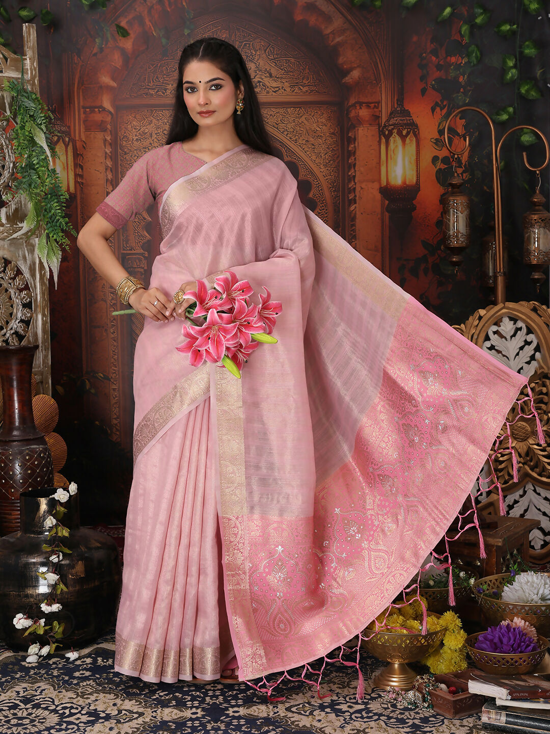Light Pink Organza Saree with Matching Blouse