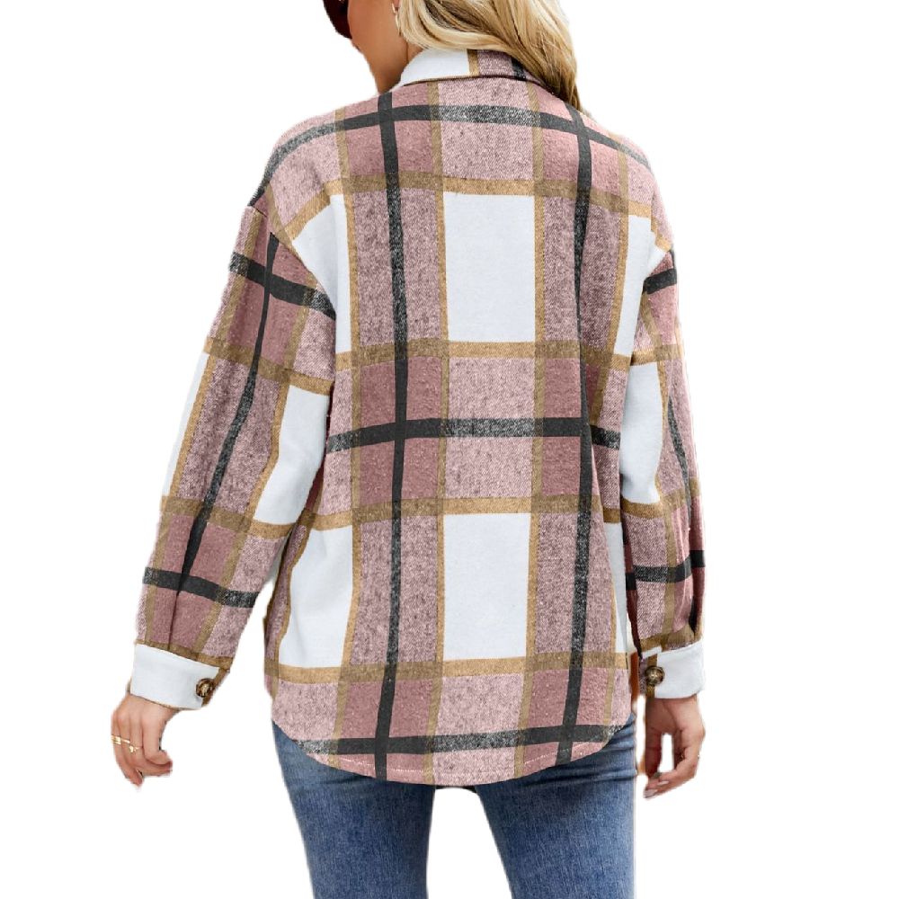 Womens Long Sleeve Plaid Shirts Flannel Lapel Button Down Shacket Jacket Coats