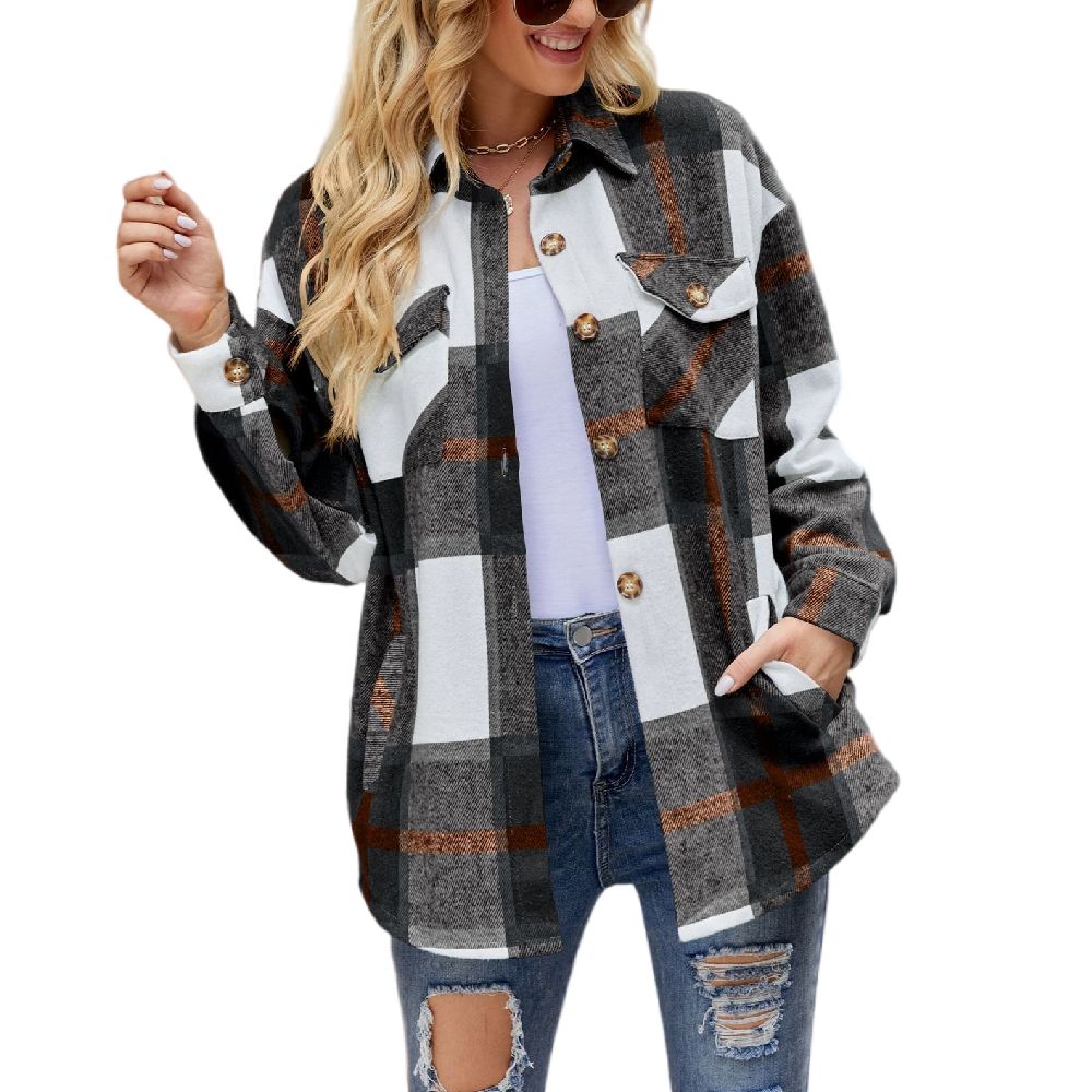 Womens Long Sleeve Plaid Shirts Flannel Lapel Button Down Shacket Jacket Coats