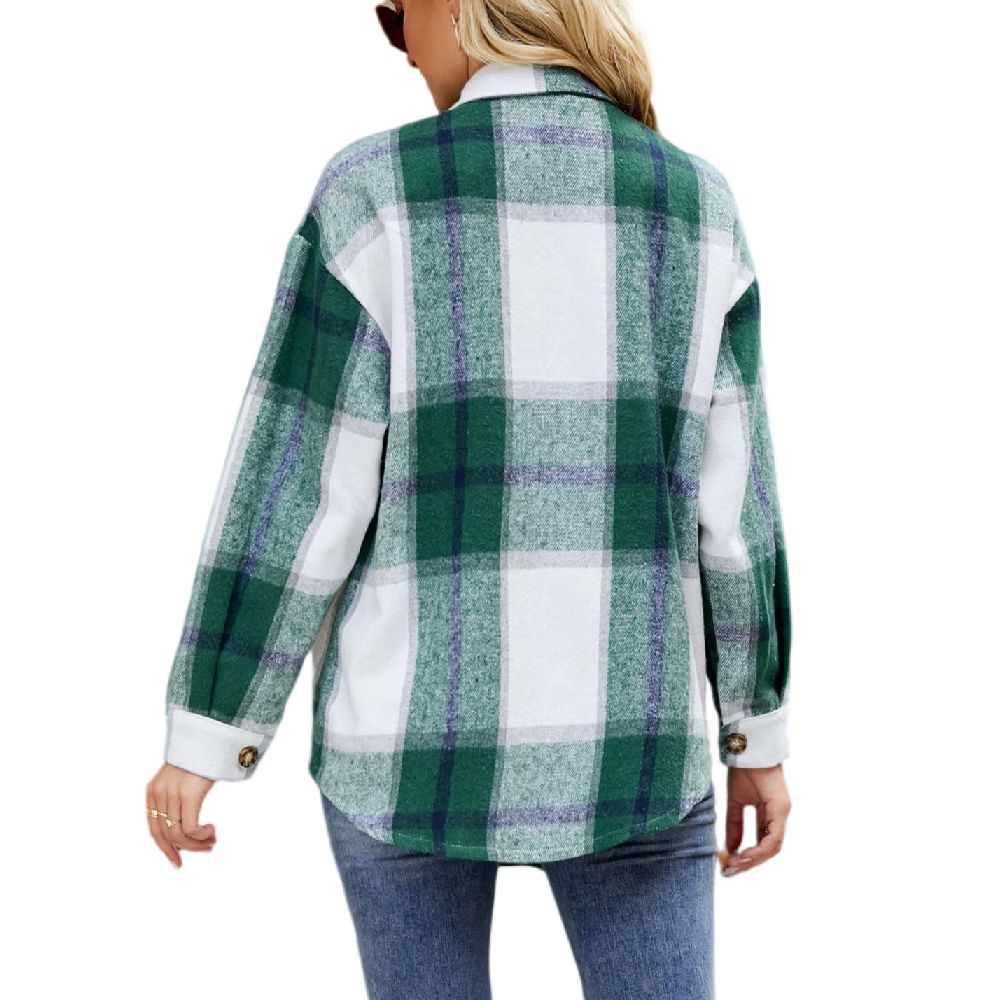 Womens Long Sleeve Plaid Shirts Flannel Lapel Button Down Shacket Jacket Coats