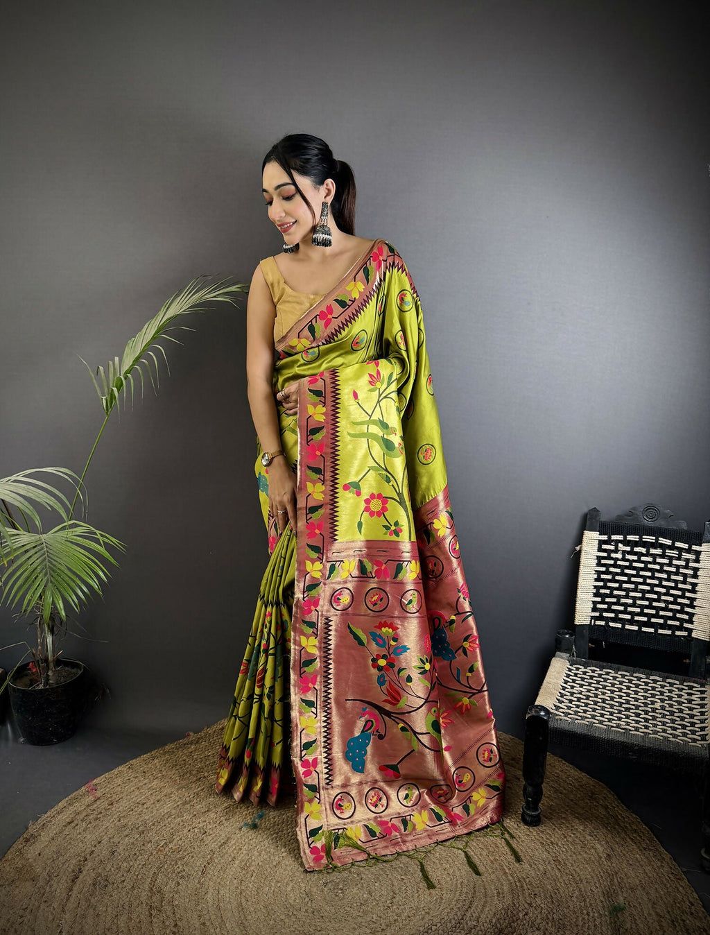 Light Green Paithani soft silk saree with beautiful Meenakari detailing