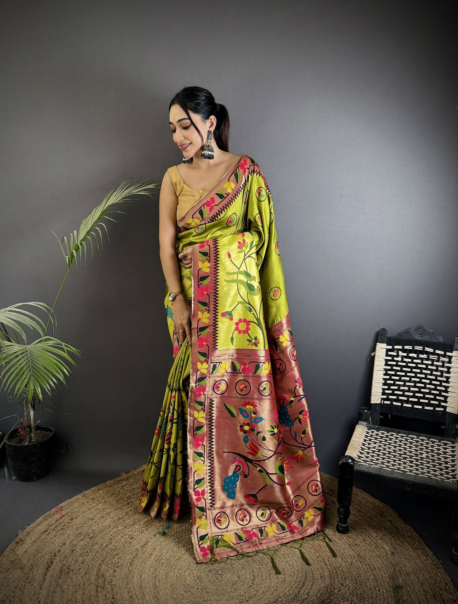 Light Green Paithani soft silk saree with beautiful Meenakari detailing
