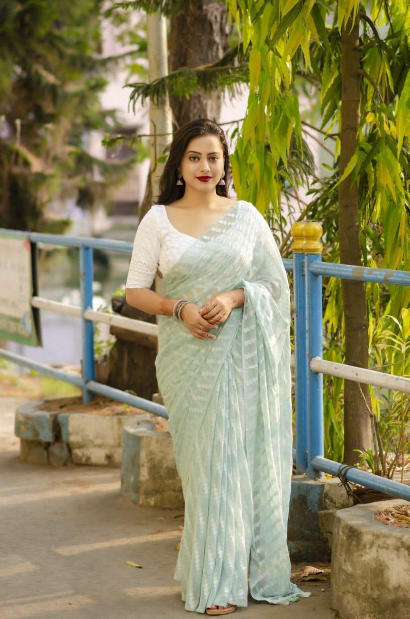 Blue poly chiffon saree with silver zari lining and white Lucknowi blouse