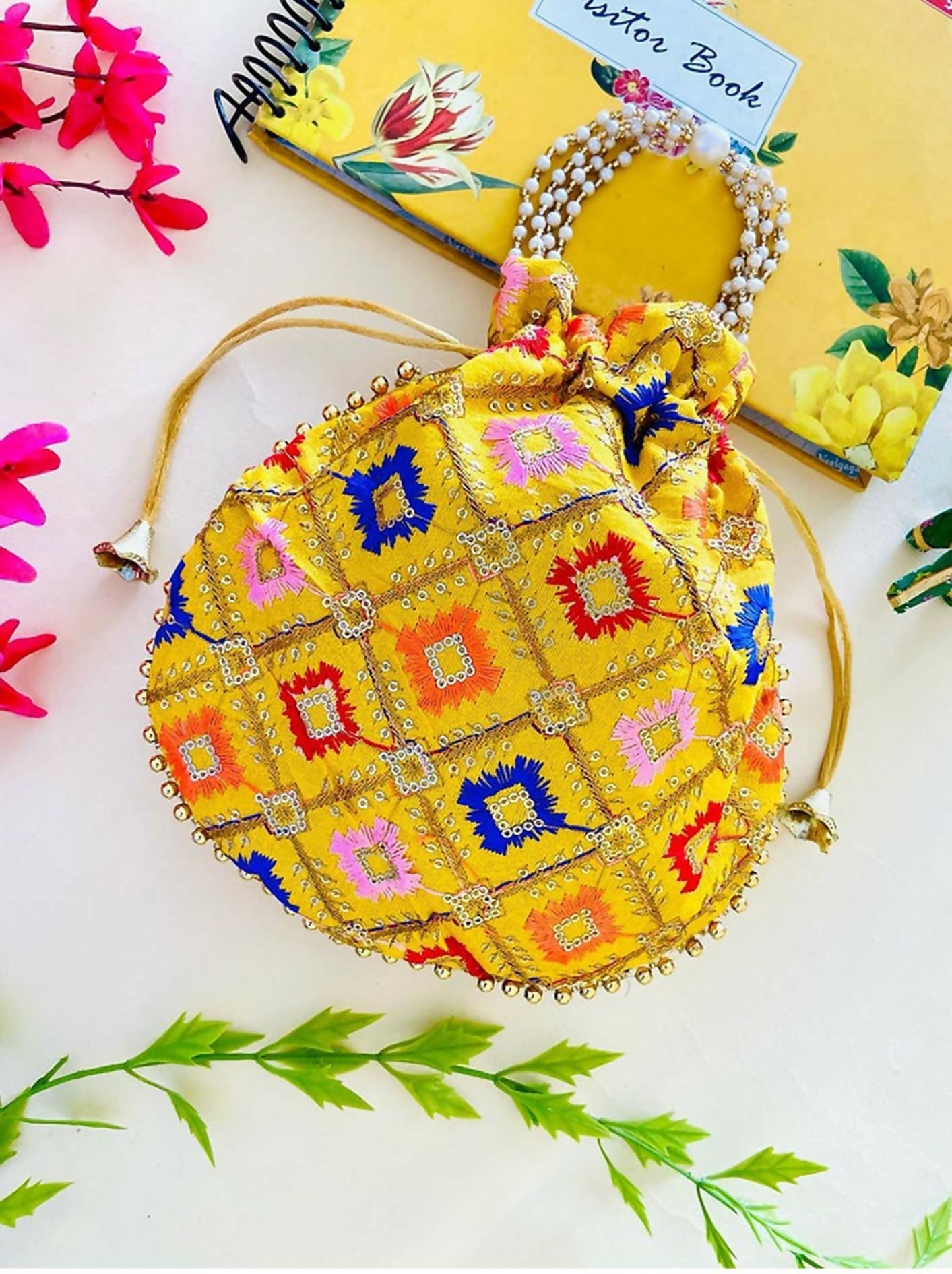 Multicolor Joban Fashion Potli Bag with intricate pearl hand work design