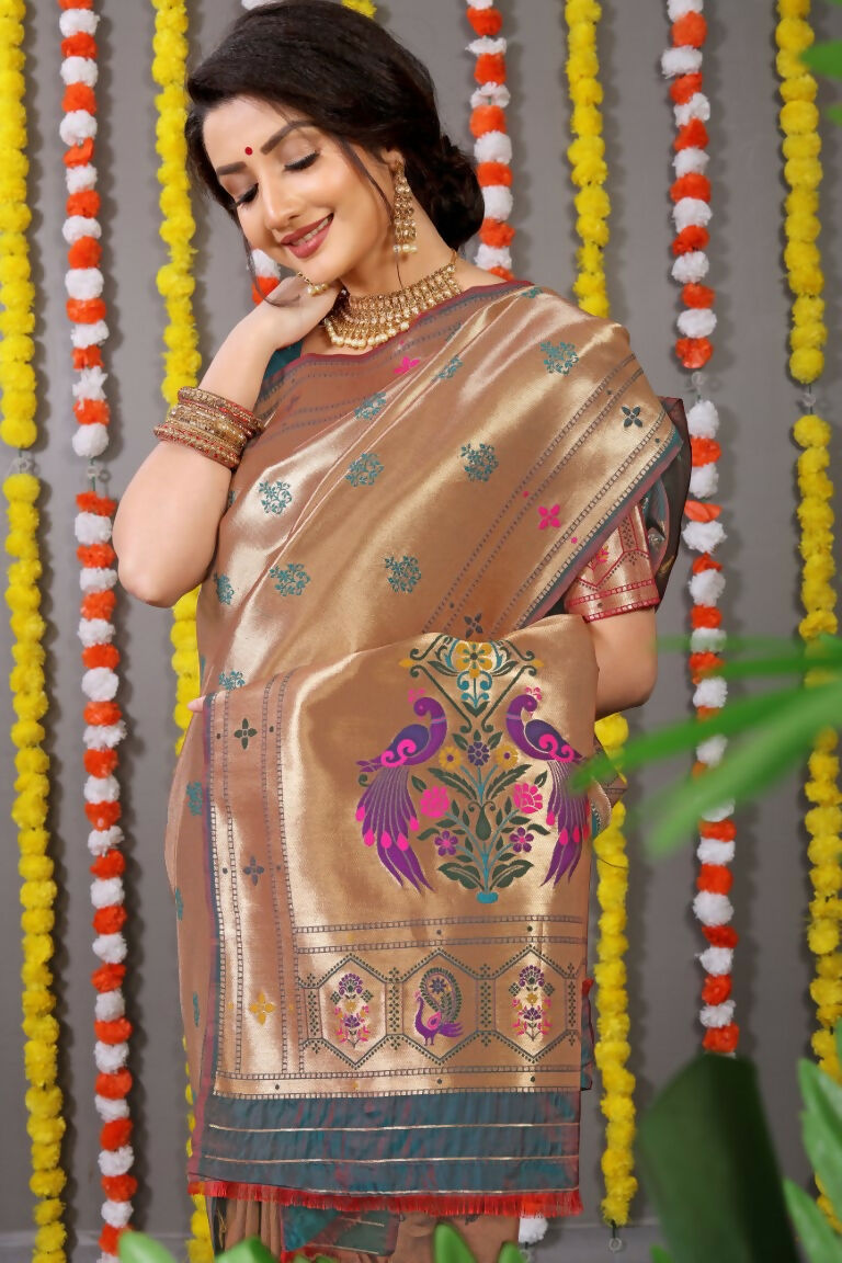 Grey Paithani Silk Saree with Zari Woven Pattern and Blouse