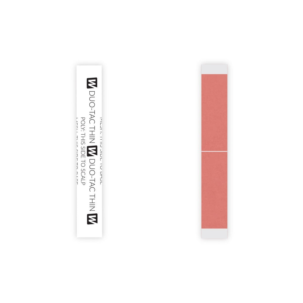 Close up of Duo-Tac Tape Thin straight strips in muted salmon pink packaging with red and white liner details.