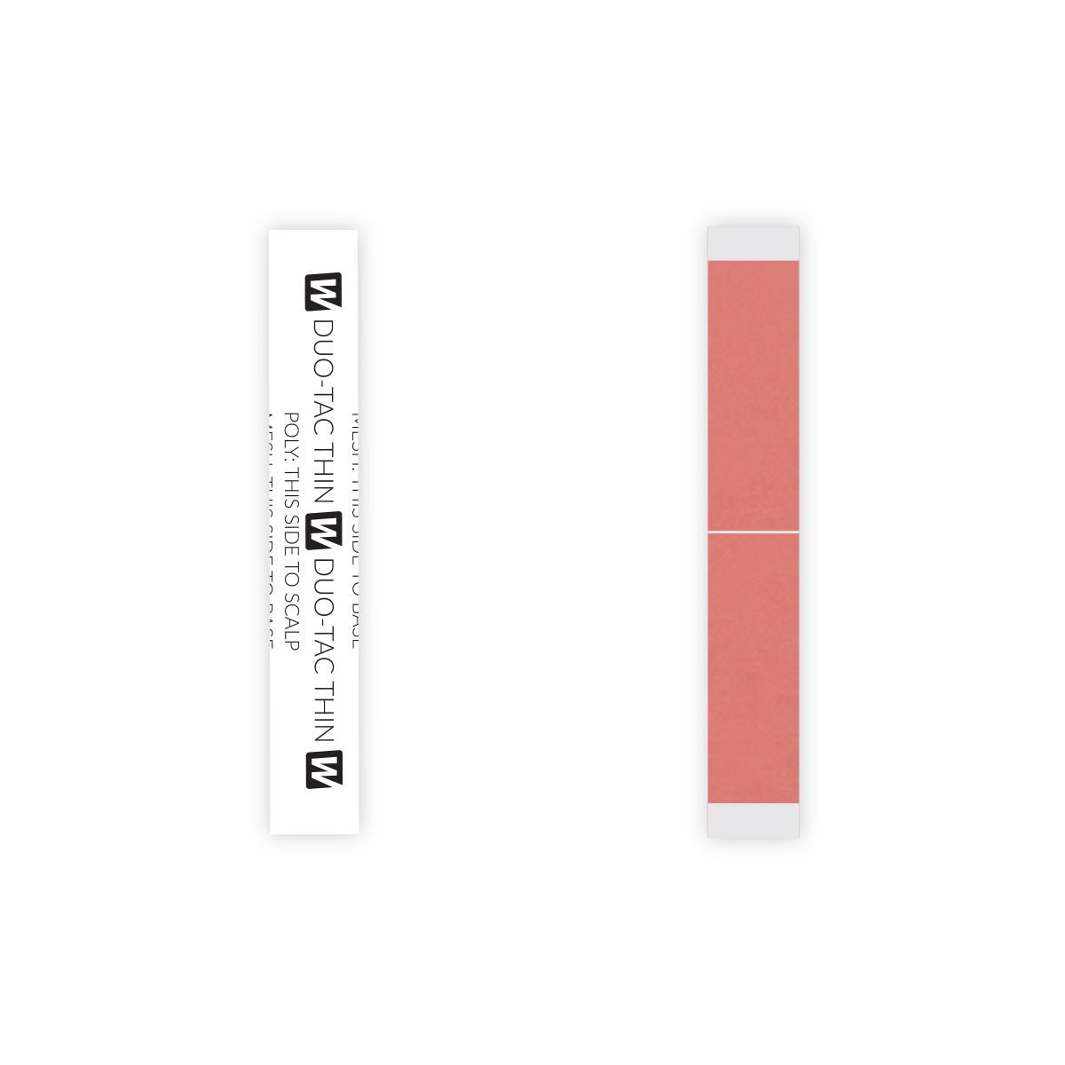 Close up of Duo-Tac Tape Thin straight strips in muted salmon pink packaging with red and white liner details.