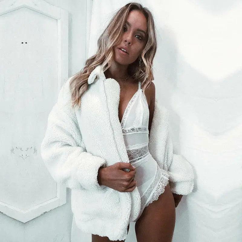 Women's Faux Fur Teddy Coat Zipper Fleece Jacket Casual Warm