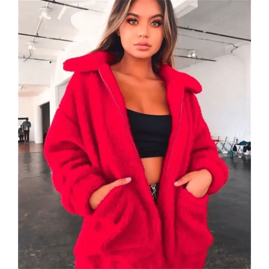 Women's Faux Fur Teddy Coat Zipper Fleece Jacket Casual Warm