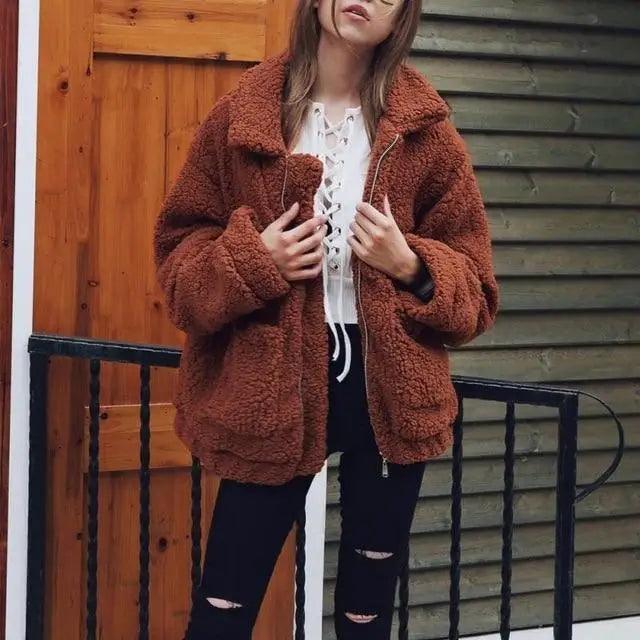 Women's Faux Fur Teddy Coat Zipper Fleece Jacket Casual Warm