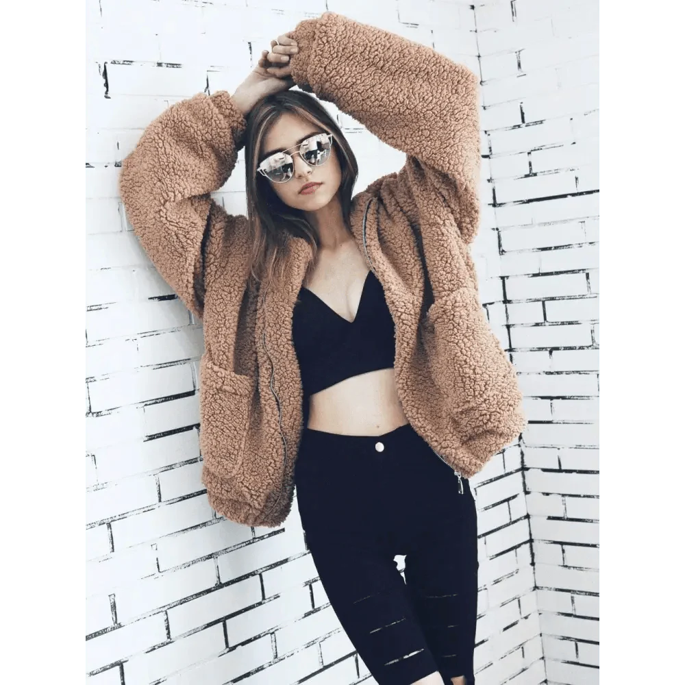 Women's Faux Fur Teddy Coat Zipper Fleece Jacket Casual Warm