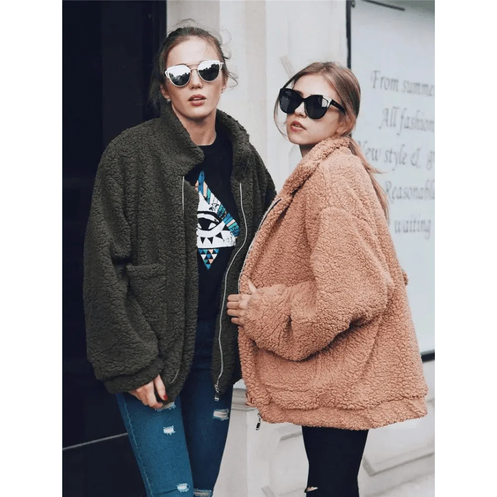 Women's Faux Fur Teddy Coat Zipper Fleece Jacket Casual Warm