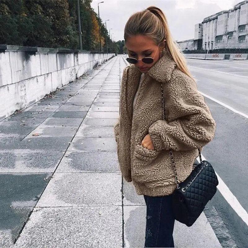 Women's Faux Fur Teddy Coat Zipper Fleece Jacket Casual Warm