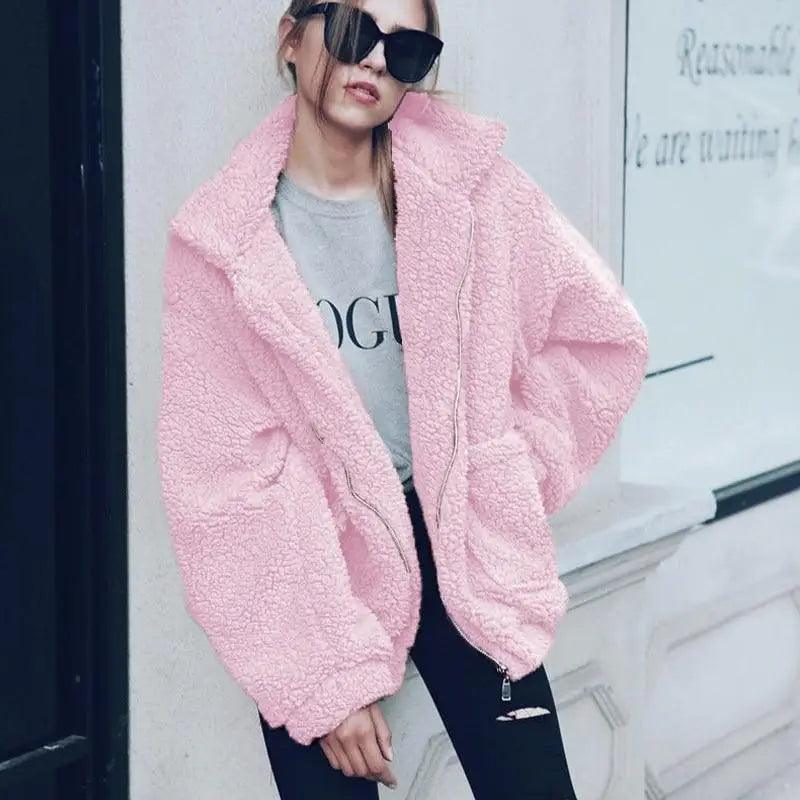 Women's Faux Fur Teddy Coat Zipper Fleece Jacket Casual Warm