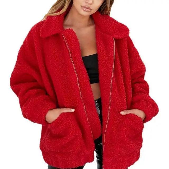 Women's Faux Fur Teddy Coat Zipper Fleece Jacket Casual Warm