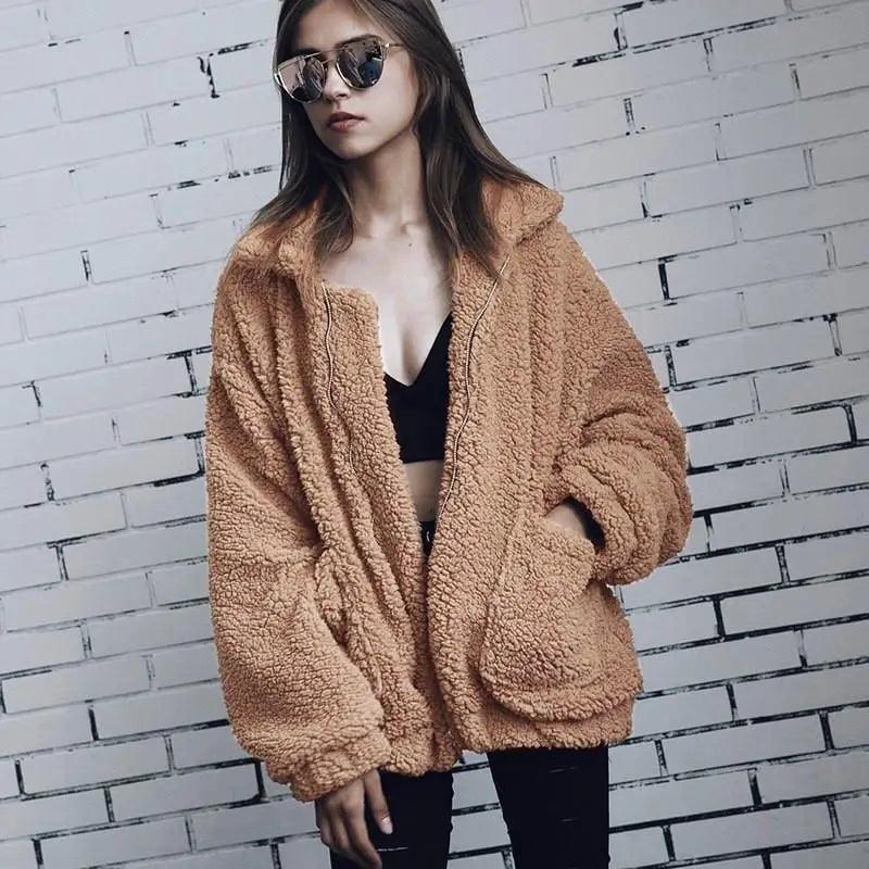 Women's Faux Fur Teddy Coat Zipper Fleece Jacket Casual Warm