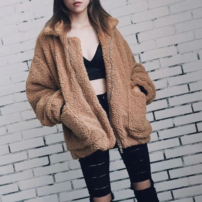 Women's Faux Fur Teddy Coat Zipper Fleece Jacket Casual Warm