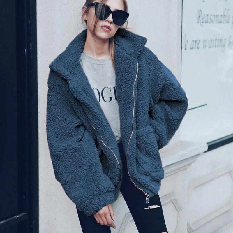 Women's Faux Fur Teddy Coat Zipper Fleece Jacket Casual Warm