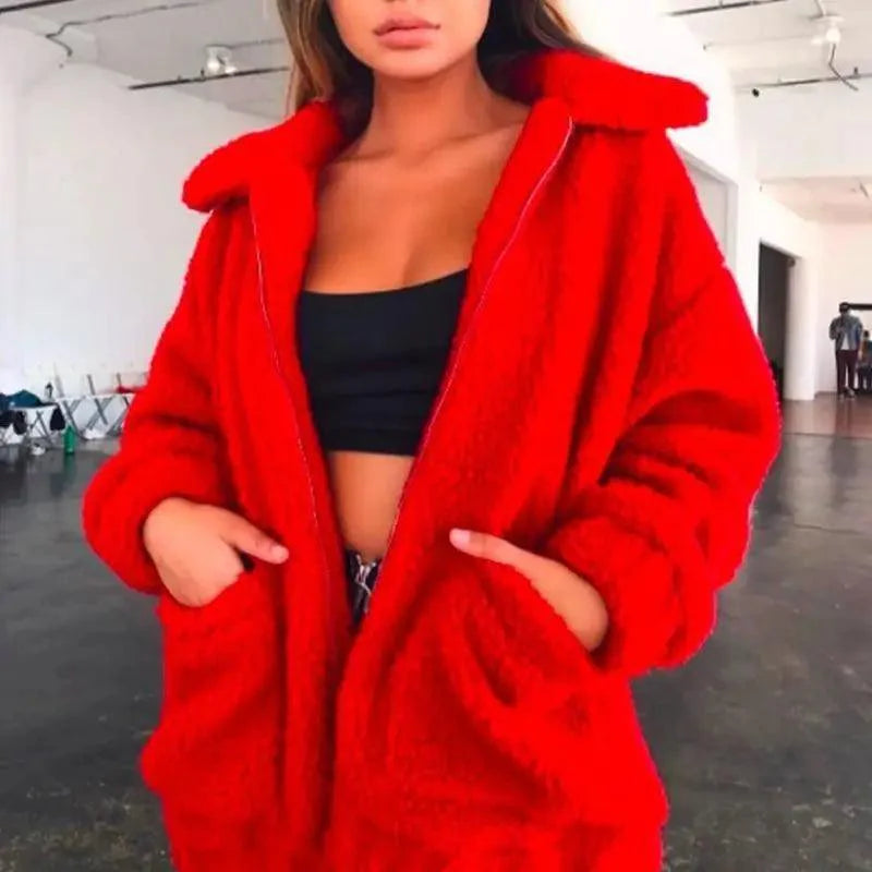 Women's Faux Fur Teddy Coat Zipper Fleece Jacket Casual Warm