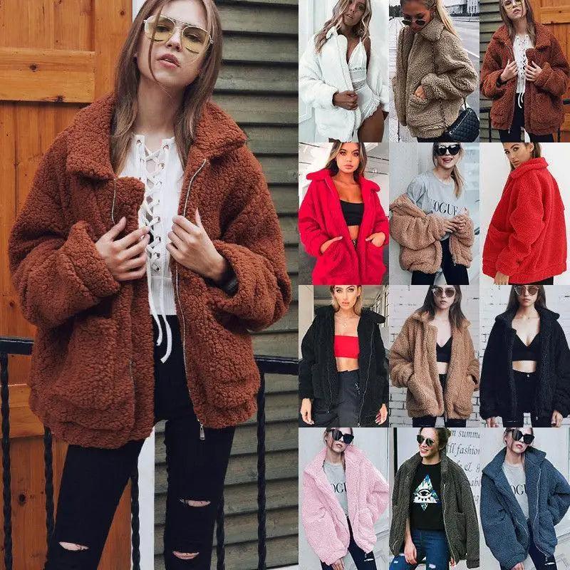 Women's Faux Fur Teddy Coat Zipper Fleece Jacket Casual Warm