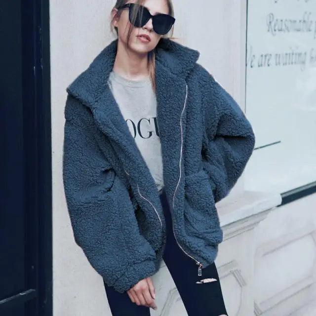Women's Faux Fur Teddy Coat Zipper Fleece Jacket Casual Warm
