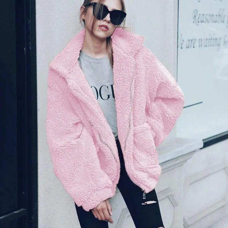 Women's Faux Fur Teddy Coat Zipper Fleece Jacket Casual Warm