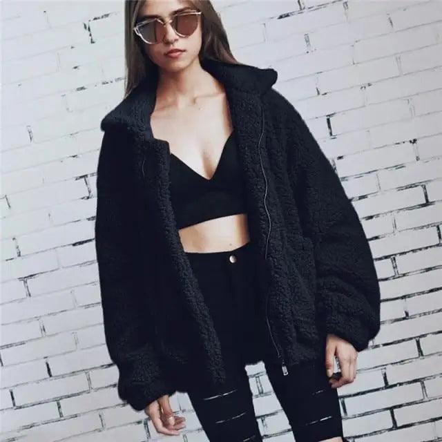 Women's Faux Fur Teddy Coat Zipper Fleece Jacket Casual Warm
