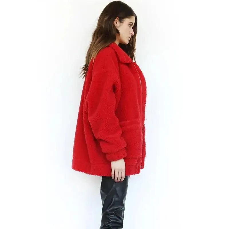 Women's Faux Fur Teddy Coat Zipper Fleece Jacket Casual Warm