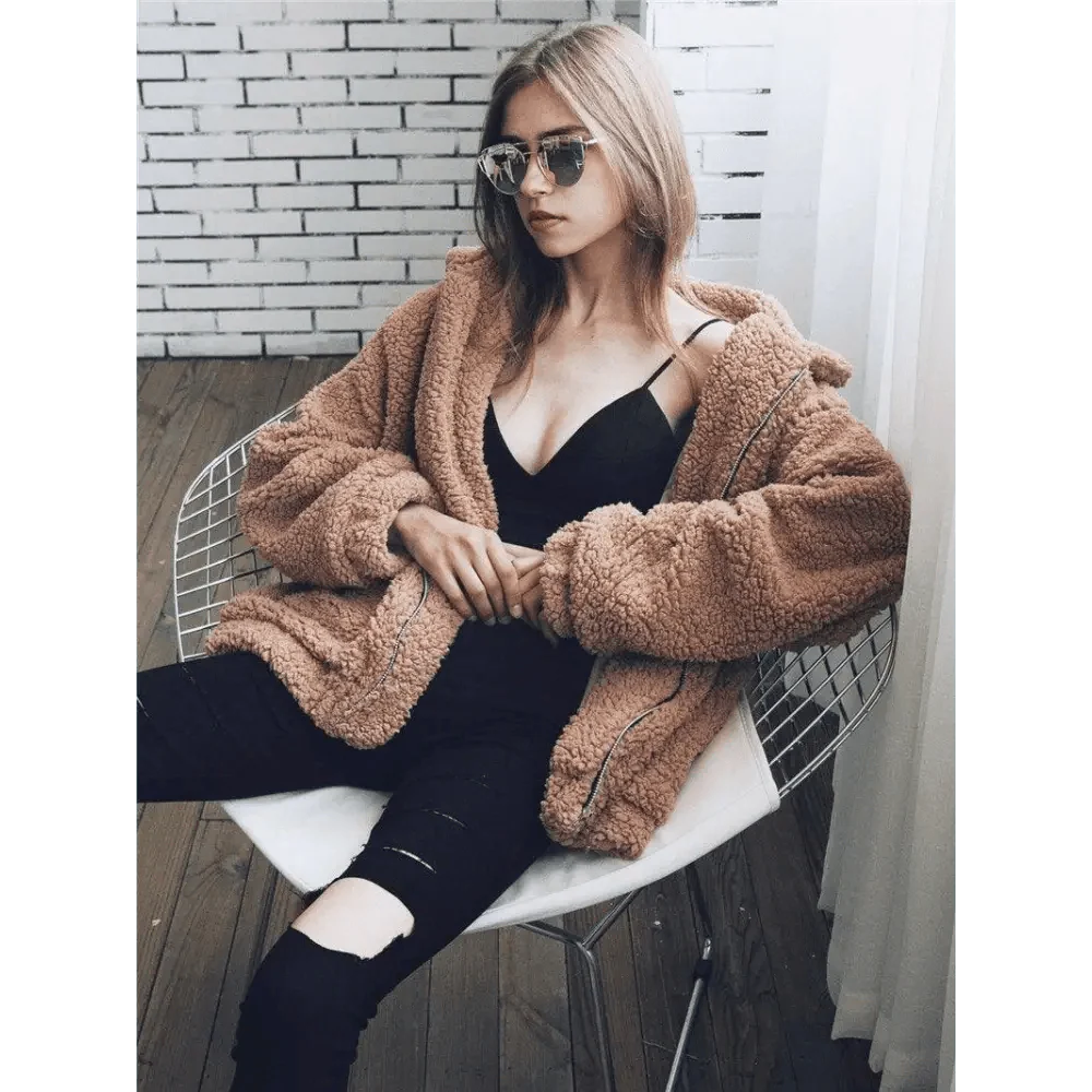 Women's Faux Fur Teddy Coat Zipper Fleece Jacket Casual Warm