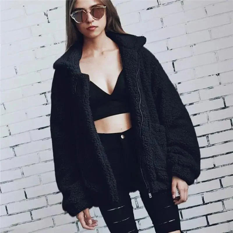 Women's Faux Fur Teddy Coat Zipper Fleece Jacket Casual Warm