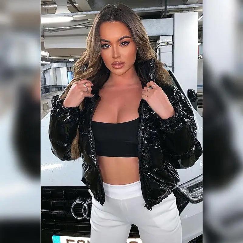 Women's Faux PU Leather Bubble Puffer Jacket Slim Fit Winter Coat