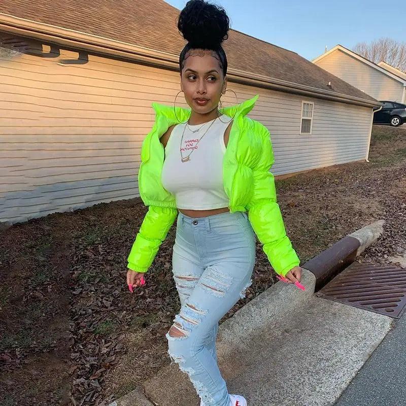 Women's Faux PU Leather Bubble Puffer Jacket Slim Fit Winter Coat