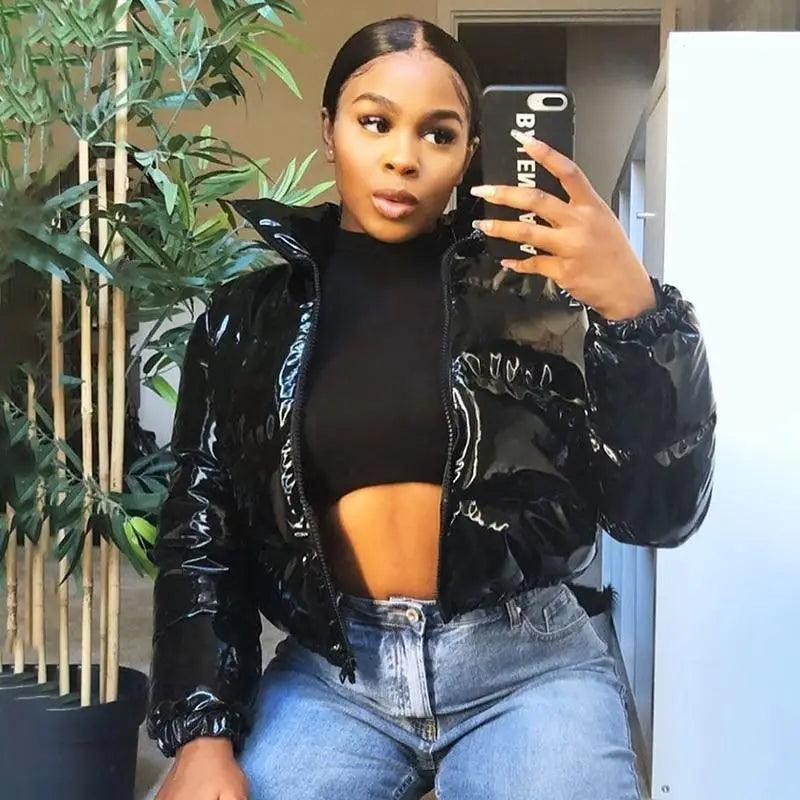 Women's Faux PU Leather Bubble Puffer Jacket Slim Fit Winter Coat
