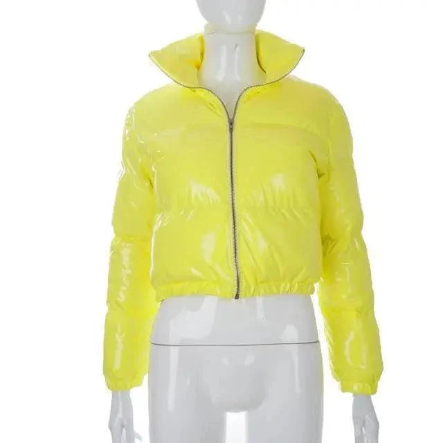 Women's Faux PU Leather Bubble Puffer Jacket Slim Fit Winter Coat