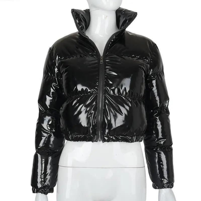 Women's Faux PU Leather Bubble Puffer Jacket Slim Fit Winter Coat