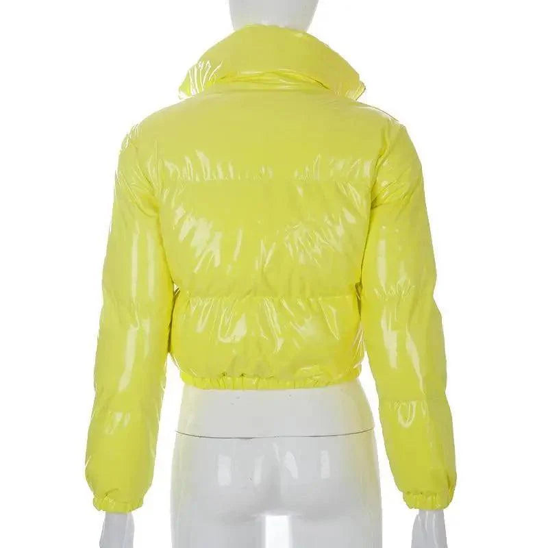 Women's Faux PU Leather Bubble Puffer Jacket Slim Fit Winter Coat