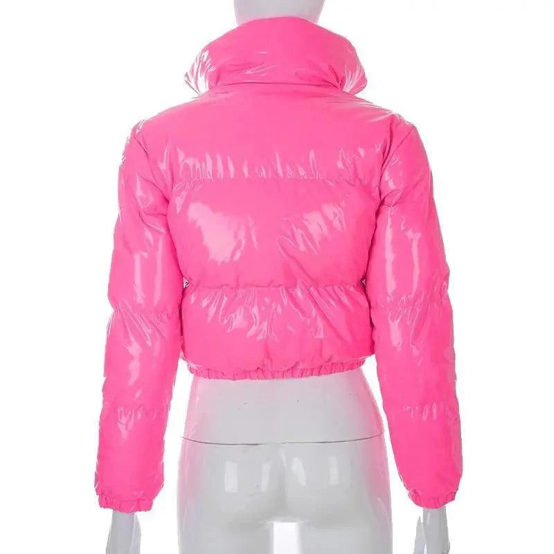 Women's Faux PU Leather Bubble Puffer Jacket Slim Fit Winter Coat