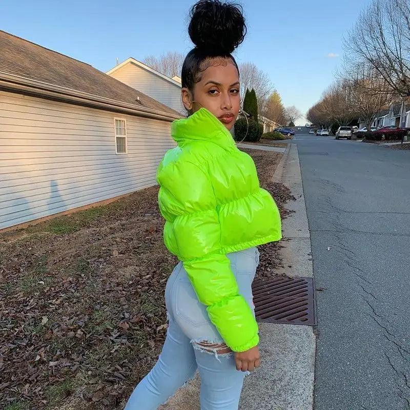Women's Faux PU Leather Bubble Puffer Jacket Slim Fit Winter Coat