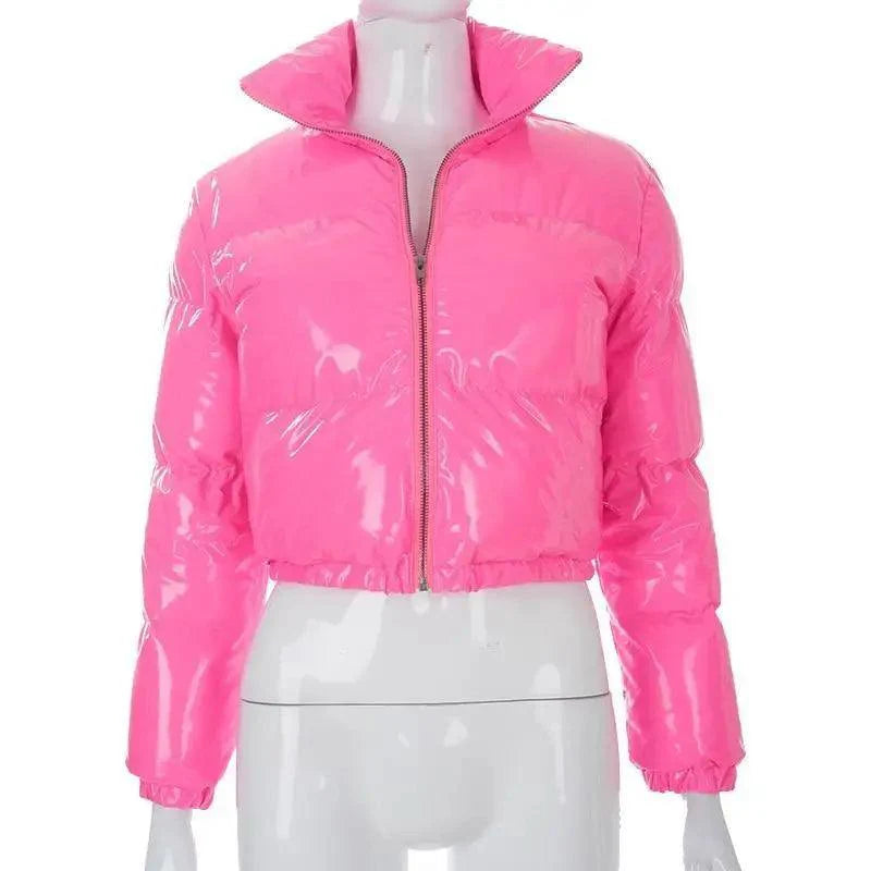 Women's Faux PU Leather Bubble Puffer Jacket Slim Fit Winter Coat