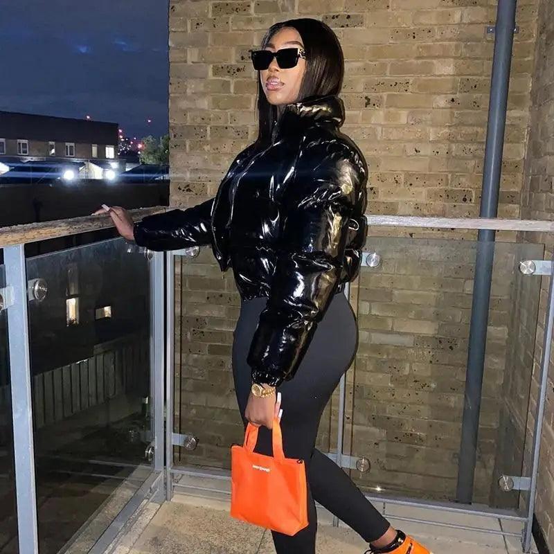 Women's Faux PU Leather Bubble Puffer Jacket Slim Fit Winter Coat