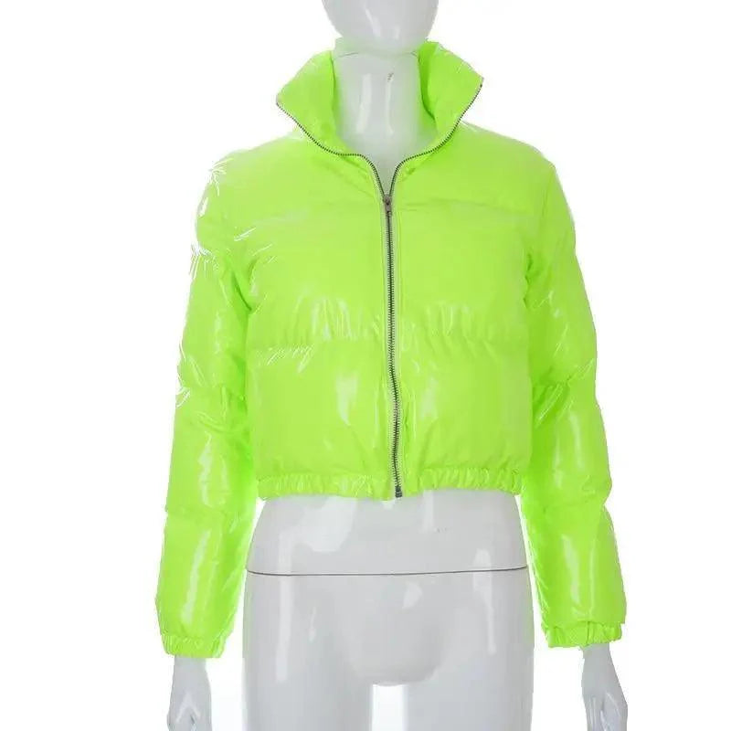 Women's Faux PU Leather Bubble Puffer Jacket Slim Fit Winter Coat