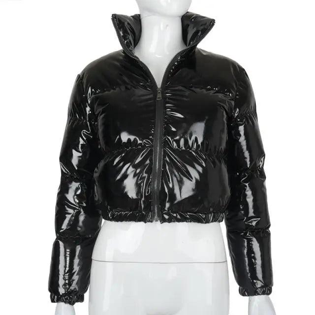 Women's Faux PU Leather Bubble Puffer Jacket Slim Fit Winter Coat