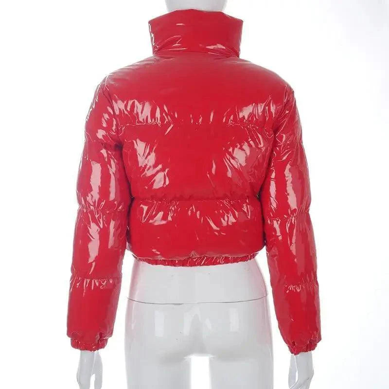 Women's Faux PU Leather Bubble Puffer Jacket Slim Fit Winter Coat