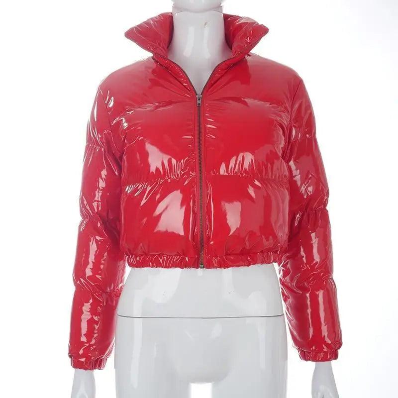 Women's Faux PU Leather Bubble Puffer Jacket Slim Fit Winter Coat