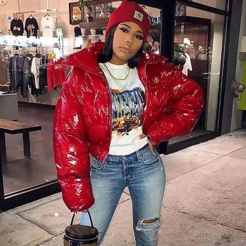 Women's Faux PU Leather Bubble Puffer Jacket Slim Fit Winter Coat