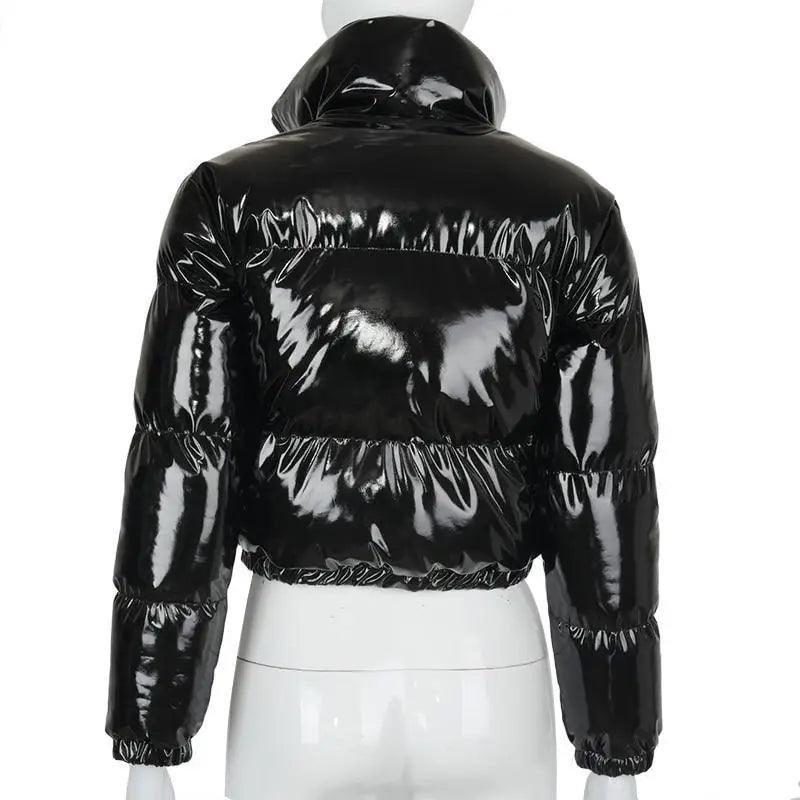 Women's Faux PU Leather Bubble Puffer Jacket Slim Fit Winter Coat