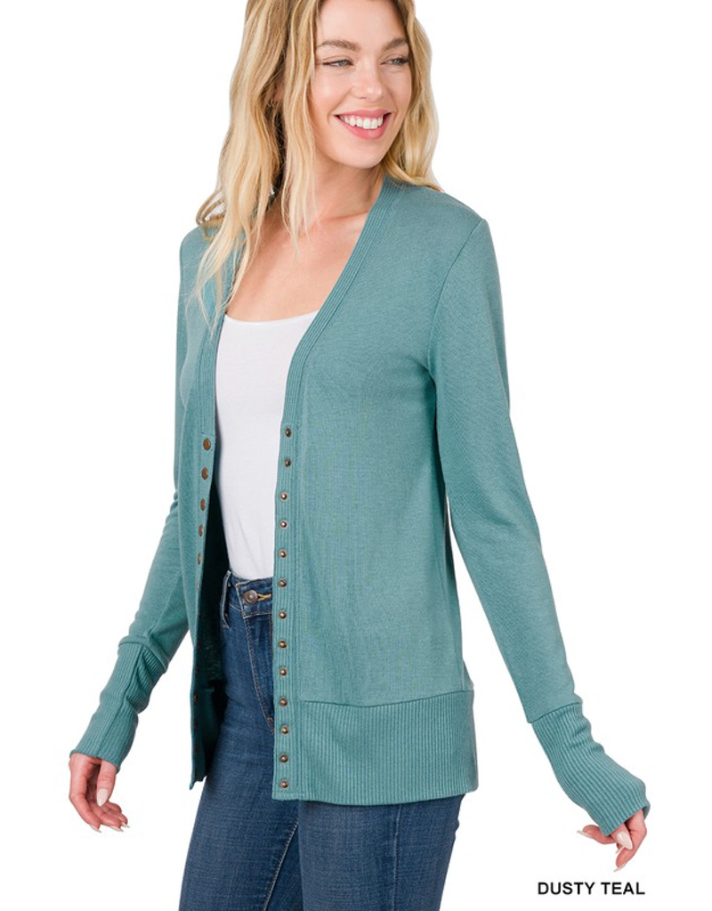 Dusty Teal full sleeve cardigan with snap buttons and a soft-touch finish