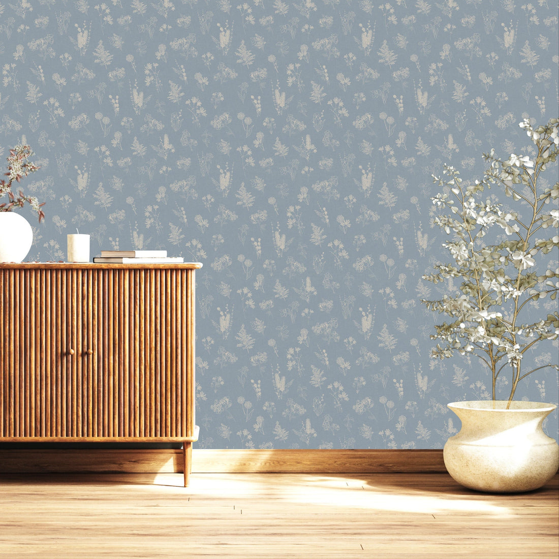 Everette floral wallpaper in blue, white, and beige, featuring a minimalist botanical pattern.